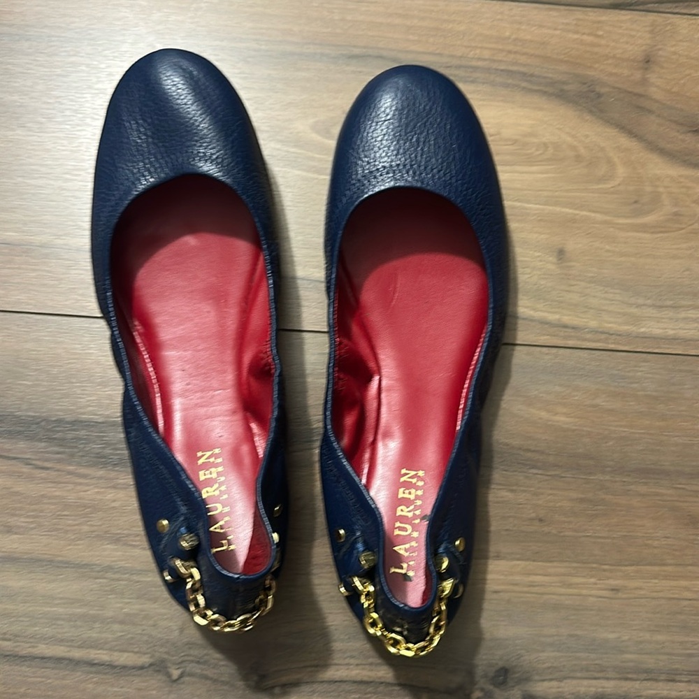 💘Ralph Lauren Navy Blue Outter Red Inner Gold Hardware Ballet Style Flats  10